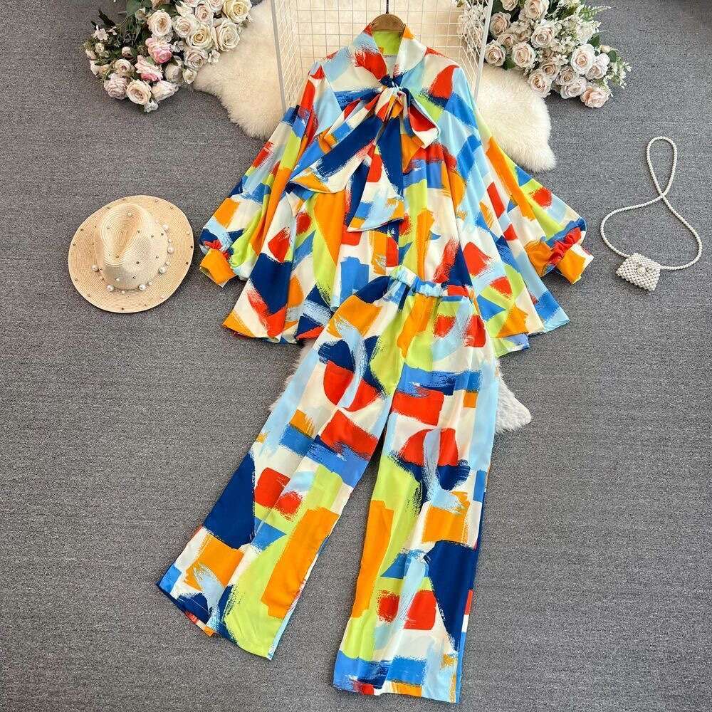 Fashion Womens Korean Version Lantern Long Sleeved Bow Tie Loose Printed Shirt Two-piece Set with High Waisted Wide Leg Pants Round Neck Dress High Wa