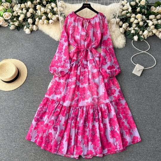 Romantic Floral Dress for Women in Autumn with Lantern Sleeve Strap Design, Exuding A Sense of Elegance and Sophistication Round Neck Dress High Waist