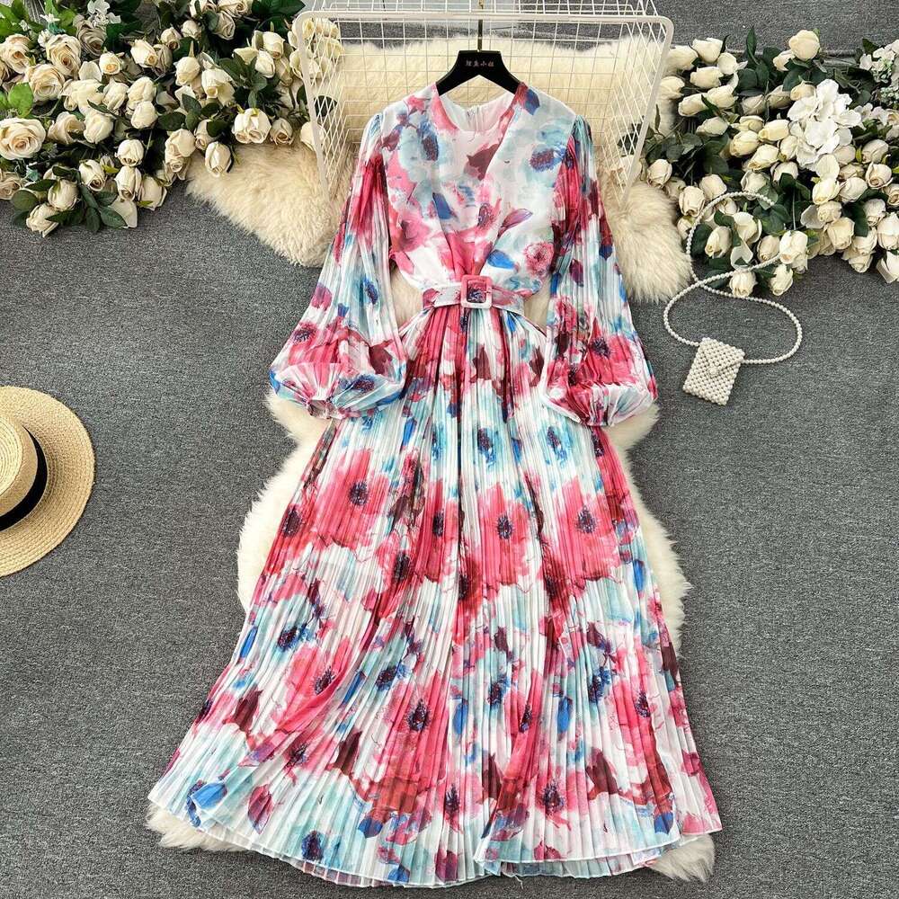 French Kikyu Skirt Spring 2024 New Heavy Industry Pressed Bubble Sleeves Slim Fit Mid Length Hundred Pleated Chiffon Dress Bifurcated Waist Denim Dres