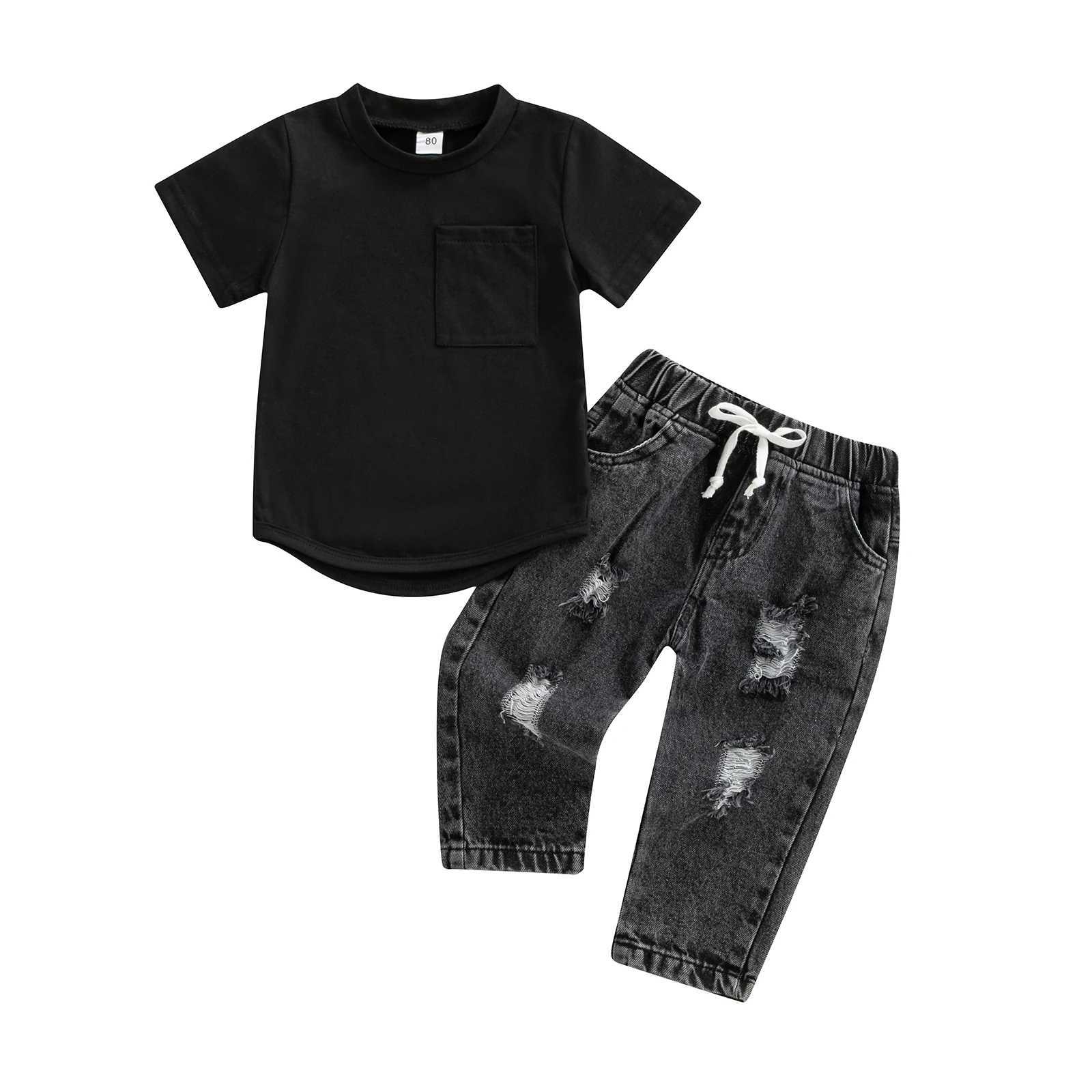 Clothing Sets Infant Baby Boys 2 Pieces Outfits Summer Solid Color Short Sleeve T-Shirt Tops + Ripped Jeans Denim Pants Set 0-3Y