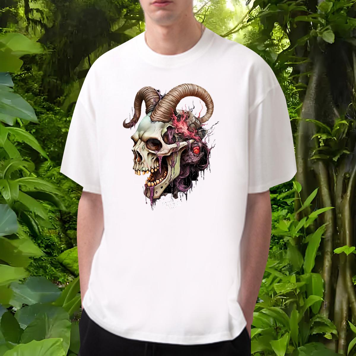 Classic T-Shirts for Men Skeleton 230g 100% Cotton Anime Print Men Tees Casual Short Sleeve Cotton O-Neck 5A Tops Shirt