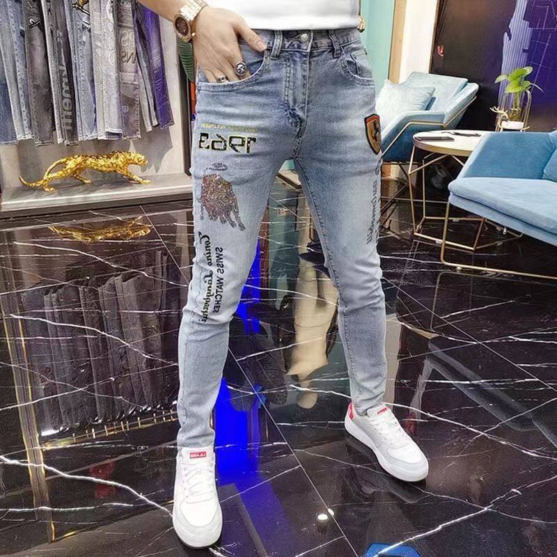 MIKEJIE Fashion 2023 Spring and Summer Tide Brand White Jeans Trend Taurus Hot Drill Embroidery Stretch Slim Men's Pants