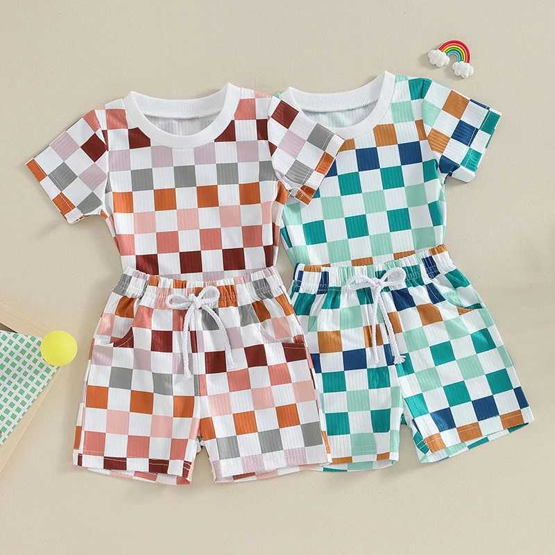 Clothing Sets 2024 Summer Toddler Baby Clothes Short Sleeve Crewneck Tops and Checkerboard Print Shorts Suit For 0-3Y Infant Boy Casual Outfit