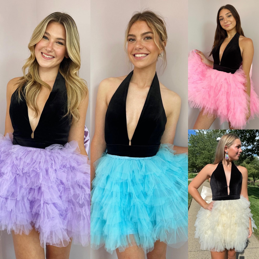 Velvet Halter Cocktail Party Dress Bow Fit-n-Flare Little Black Swan Lady Semi Formal Event Hoco Gala Graduation NYE Sweet 16 Dance Homecoming Holiday