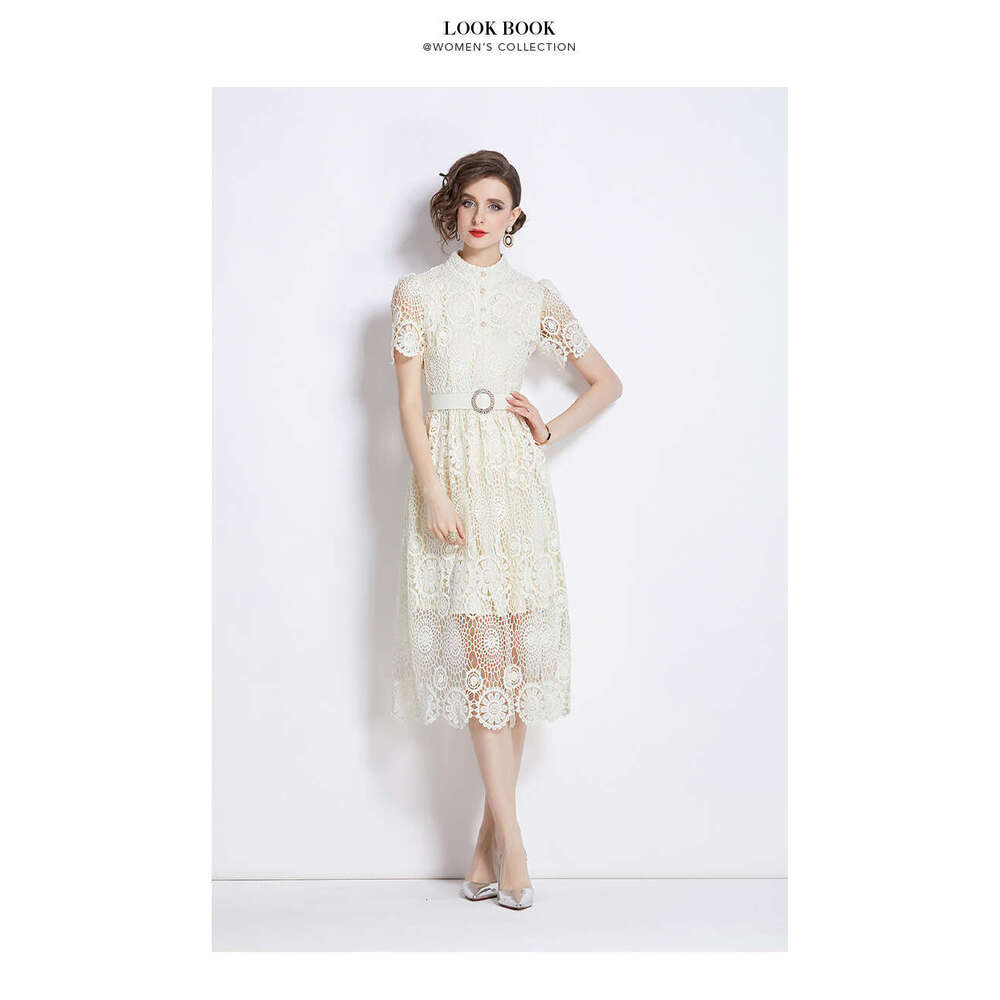 French Style Temperament Summer Female Niche, Water-soluble Lace Slim Fit Long Short Sleeved Dress, Can Be Worn on Weekdays Short Loose Lace Dress BOH