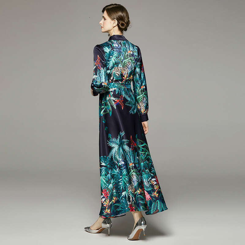 Womens Spring Elegance Long Sleeved Fashion Versatile Waist Wrap for Slimming Positioning Printed Dress Muslim Temperament Oversize Dress Round Neck D