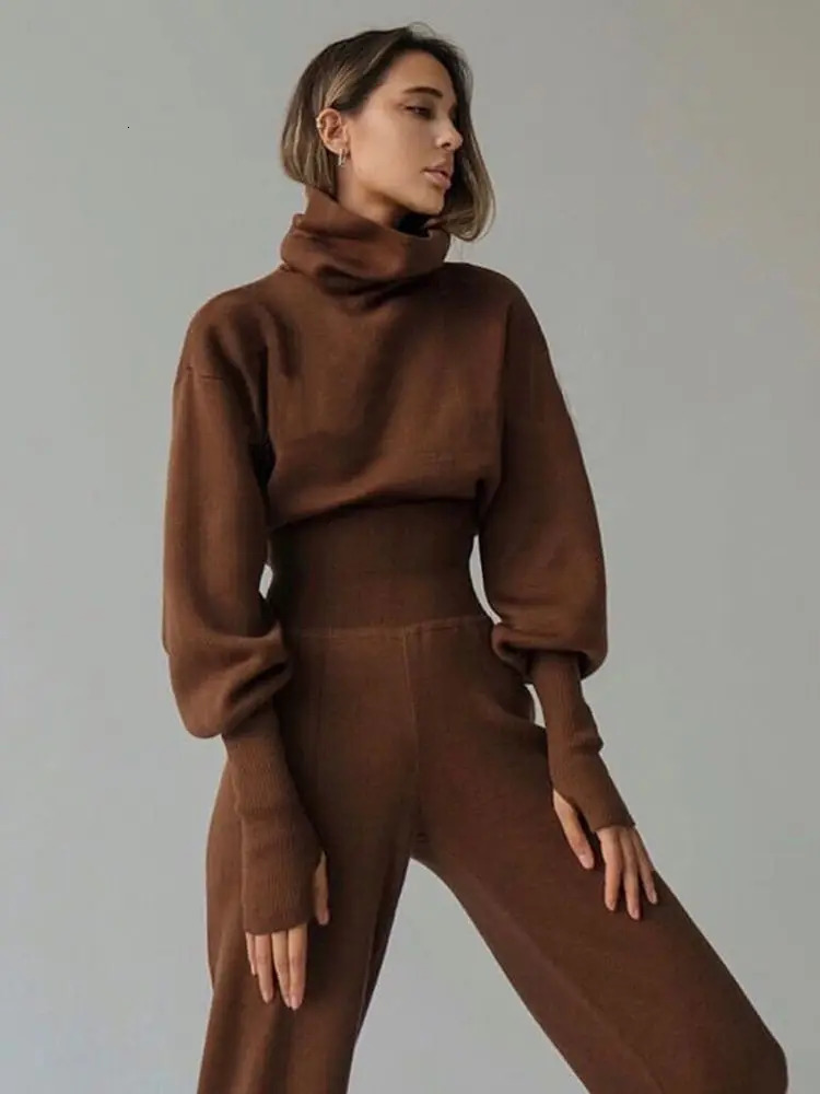 Turtleneck Sweater 2 Pieces Set Women Setchic Knitted Pullover Top Pants Jumper Tops Trousers Suit Winter 240712
