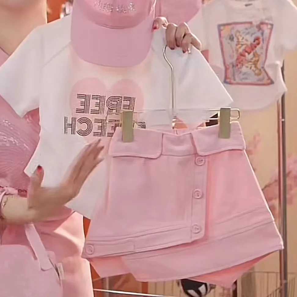 Clothing Sets Girls Summer Set 2024 New Western Style Girl Sweet Pink Love Short Sleeves+Fashionable Short Skirt Two Piece Set Kids Outfits