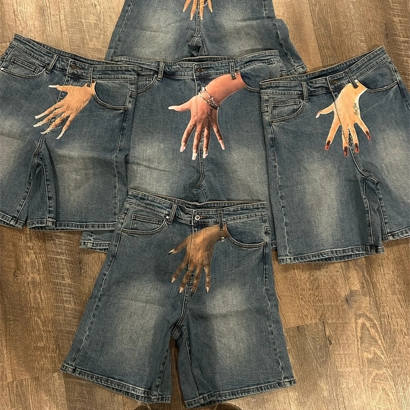 Vintage Blue Baggy Denim Gym Shorts Harajuku Hip Hop Y2K Pants Mens Graphic Print Gothic Sweatpants y240708