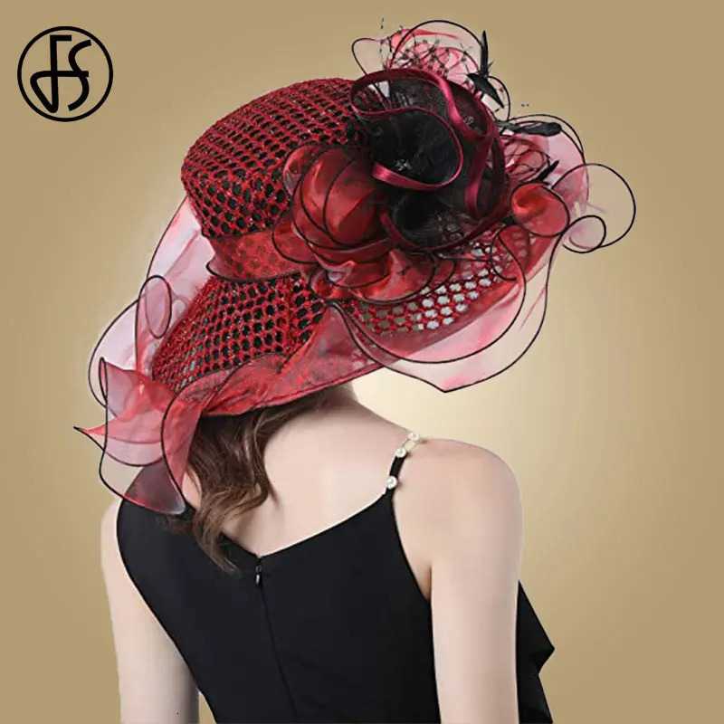 FS Fascinator Hats Wedding Bride Derby Hats For Women Ladies Church Hat Flower Hats Large Wide Brim Fedora Organza Hat 240621