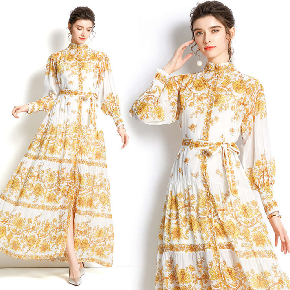Design -2022 Standing Neck Lantern Sleeves Single Flap Wave Edge Long Printed Dress Autumn Dress Women Temperament Self-cultivation SKINNY DRESS