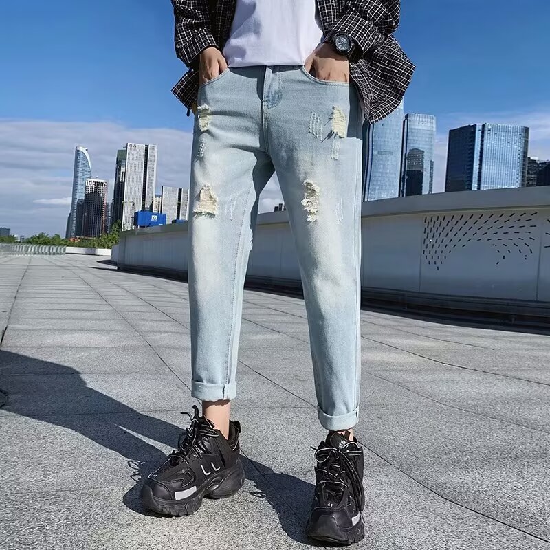 Summer thin cut cropped jeans men's light colored small leg Korean version trendy beggar 9-point pants