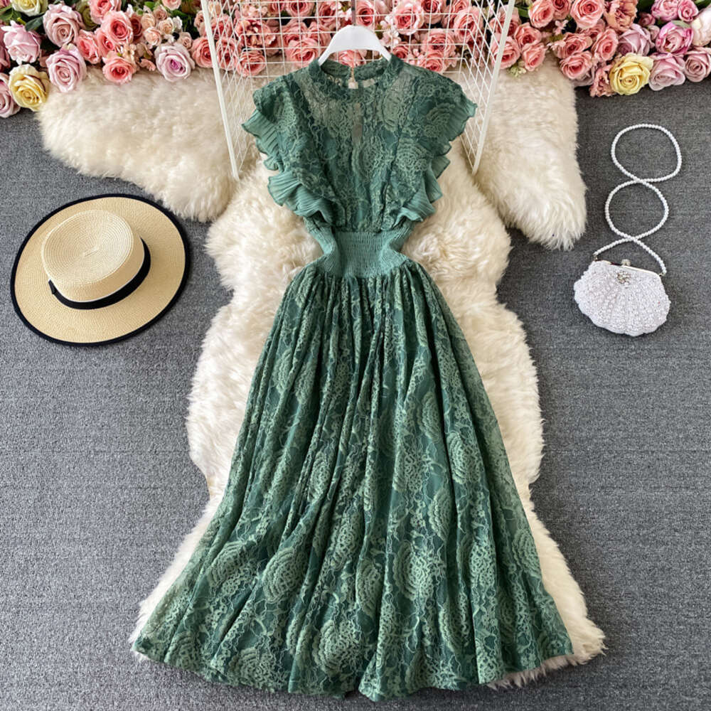 Spring Autumn Lace Round Neck Sleeves Fashionable Slimming and Elegant Ruffle Edge Long Skirt Dress Short Loose Temperament Bifurcated Silk Dress Deni