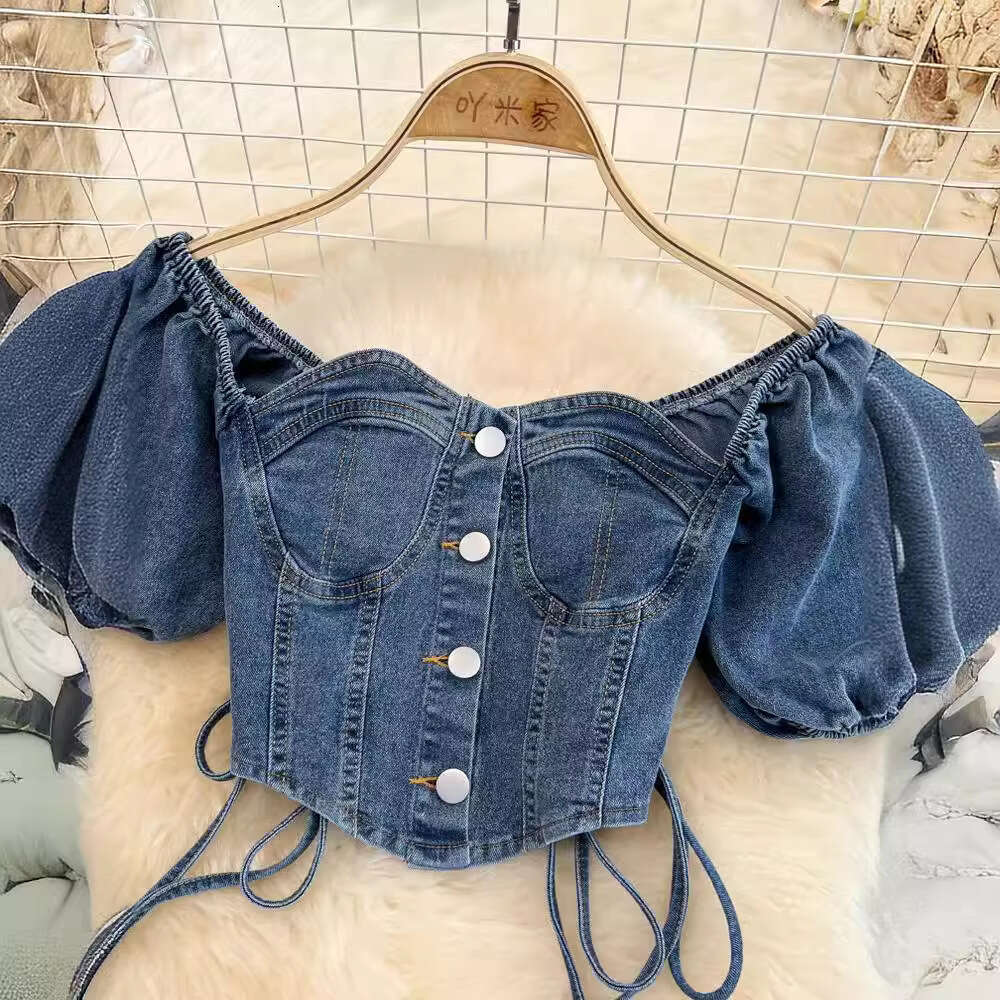 Fashion Set Women with Pure Desire for Sweetness Spiciness, Sweet and Spicy Off Shoulder Denim Strap Top, Two-piece High Waisted Pleated Skirt BOHO DR