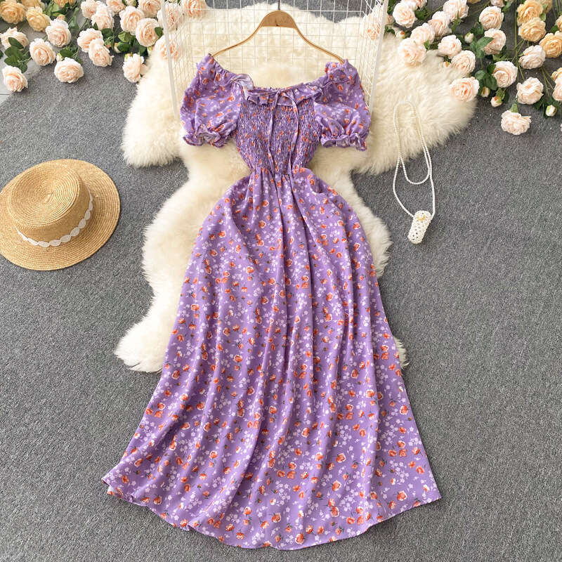 Little Fresh French Fairy Fragmented Flower with High Drawstring and Folded Waist for Slimming Big Swing Long Dress Waist Short Oversize Dress