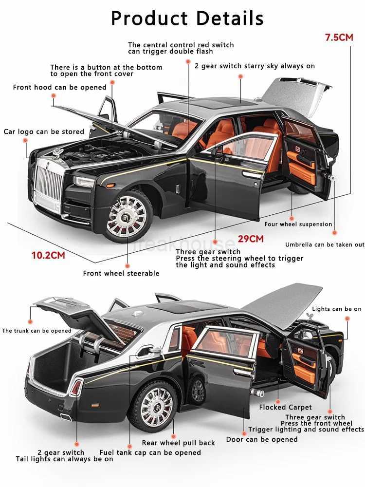 1 18 Large Rolls-Royce Phantom Alloy Car Model Simulation Sound And Light Pull Back Toy Car Metal Boy Collection Decoration GiftCL240717