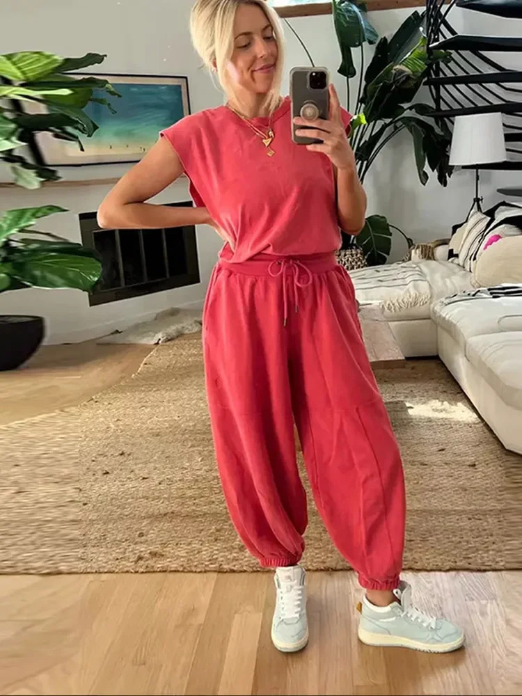 Casual Sleveless Jumpsuit Woman 2024 Spring Loose O-neck Open Back Top Pocket Drawstring Trousers Female Clothes 240703