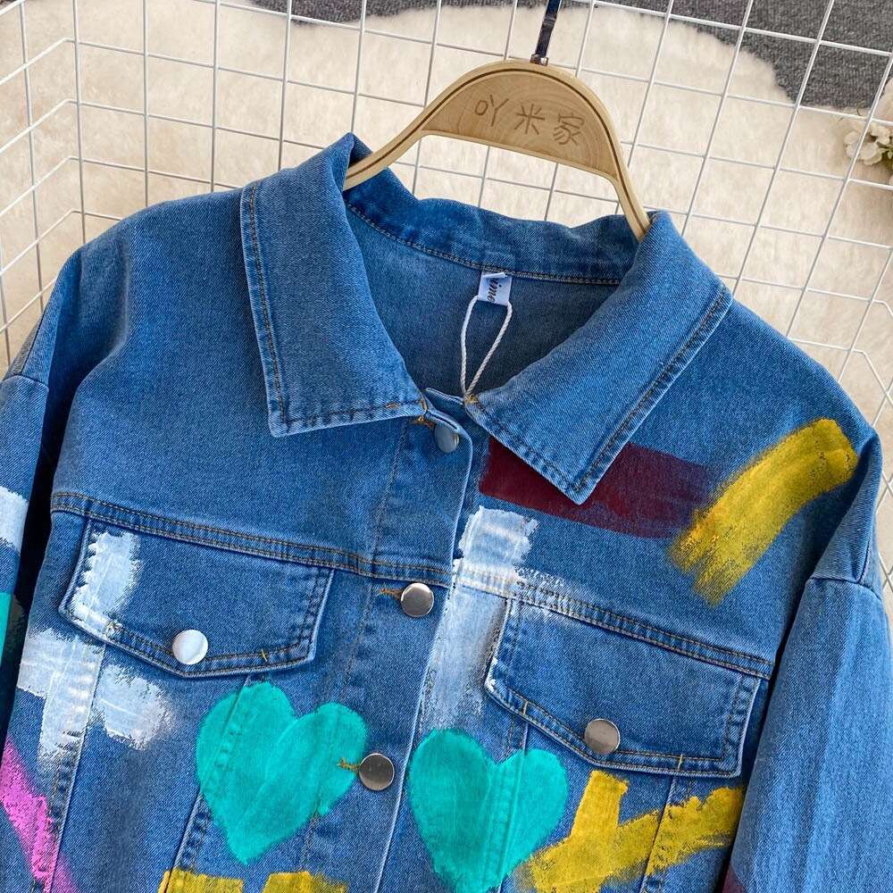Fashion Womens Hong Kong Style Temperament Graffiti Denim Two-piece Set High Waisted A-line Split Skirt Autumn Self-cultivation Waist Lace Dress Denim