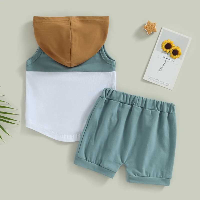 Clothing Sets Kid Baby Boys Summer Clothes Outfits Contrast Color Hooded Sleeveless Pocket Tank Tops and Solid Color Shorts 2Pcs Suit