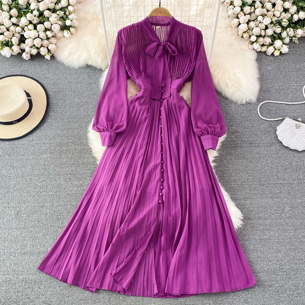 Light Luxury Temperament Bow Tie V-neck Waist Single Breasted A-line Pleated Dress Elegant Large Hem Long Skirt Self-cultivation Oversize Dress High W