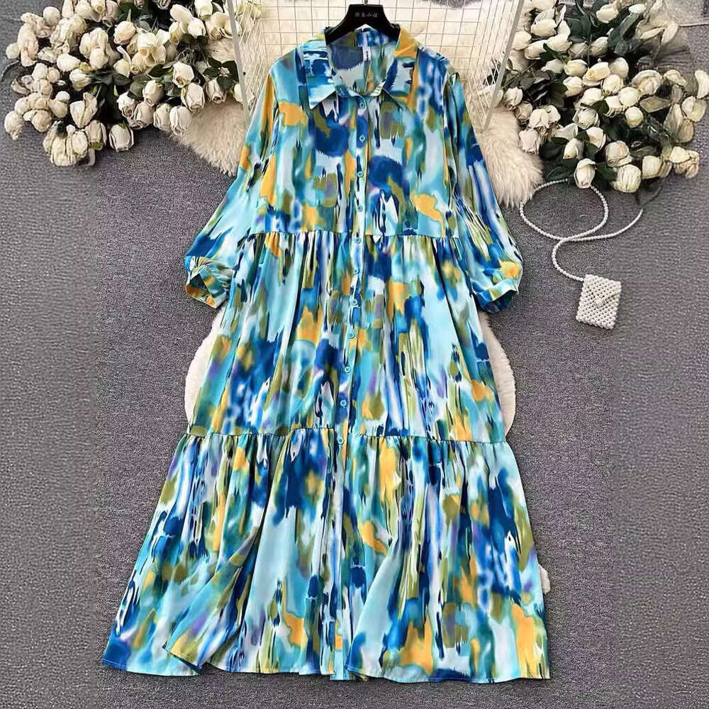 Small High-end Feeling Halo Dyed Printed Dress for Women, Lazy, Casual, Loose and Slimming A-line Large Hem Shirt Skirt Pregnant Womens Dress SKINNY D