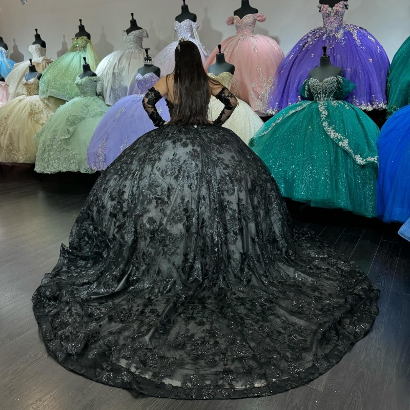 Black Shiny Quinceanera Dresses Ball Gown Off The Shoulder Beading Appliques Lace Tull Corset Sweet 16 Vestidos De 15 Anos