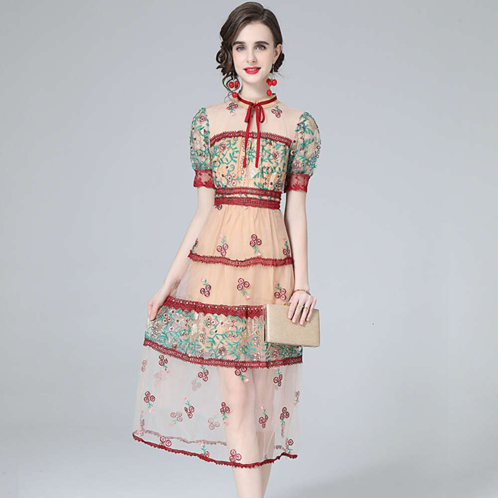 2023 Baroque Lace Up Round Neck Bubble Sleeve Mesh Perspective Heavy Industry Embroidered Dress Novelty Temperament Bifurcated Round Neck Dress BOHO D