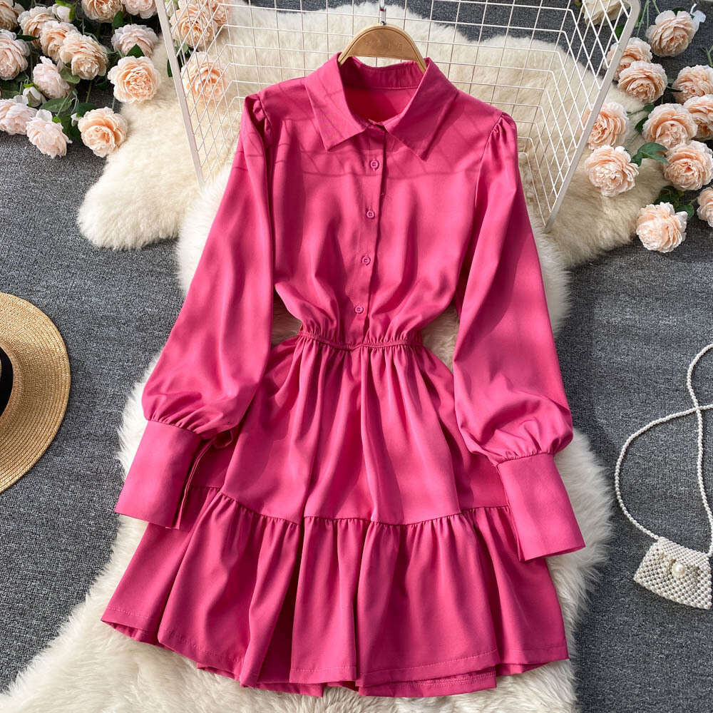 Solid Color, Simple Bubble Sleeves, Temperament, Waist Cinching, Slimming Shirt Skirt, Small Stature, Fashionable and Stylish, Pleated Dress BOHO DRES