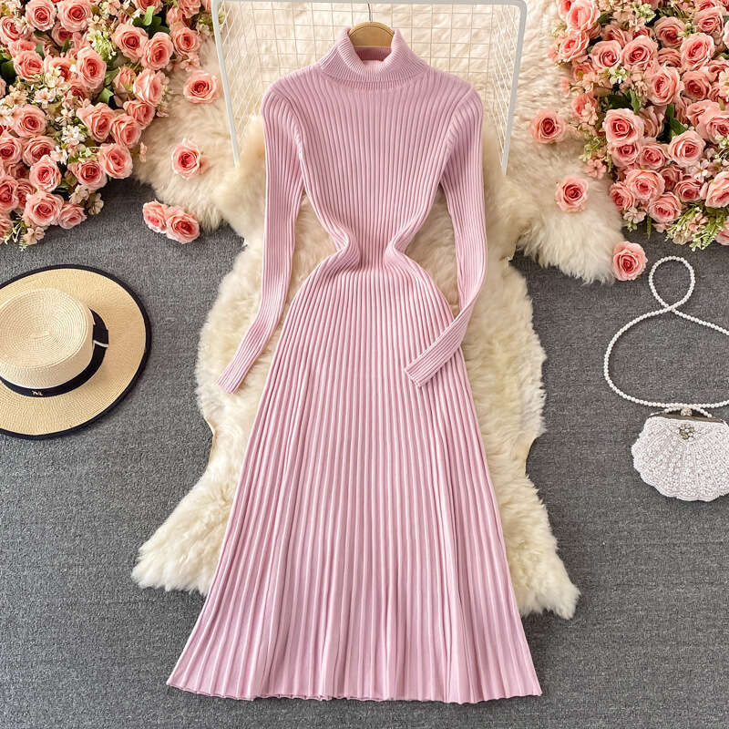 Underlay Coat with Pleated Long Fit and Slim Fit, Half High Collar, Knee Length Sweater Skirt, Knitted Dress Short Self-cultivation BOHO DRESS