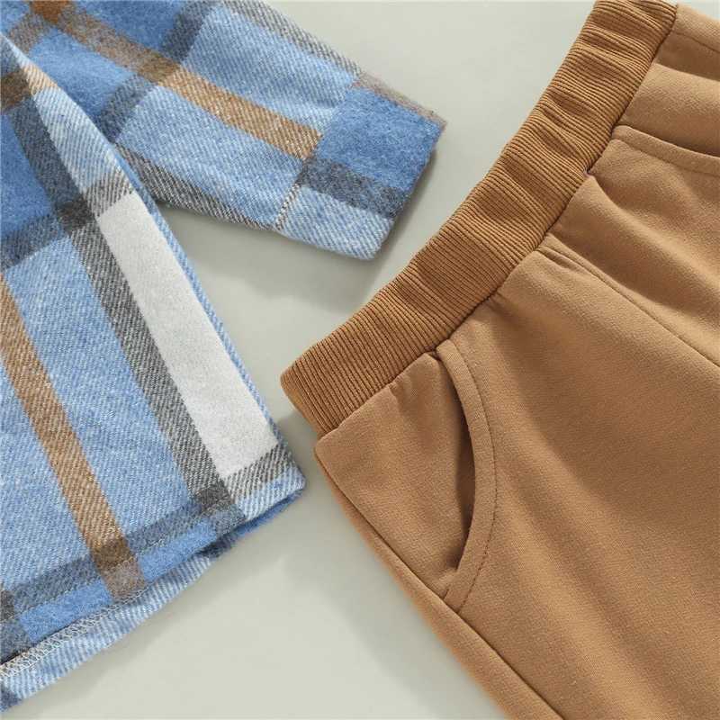 Clothing Sets Boys Autumn Clothes Set Plaid Print Long Sleeve Button Hood Shirt Jacktes + Solid Color Casual Trousers Kid Clothing Fall Outfit