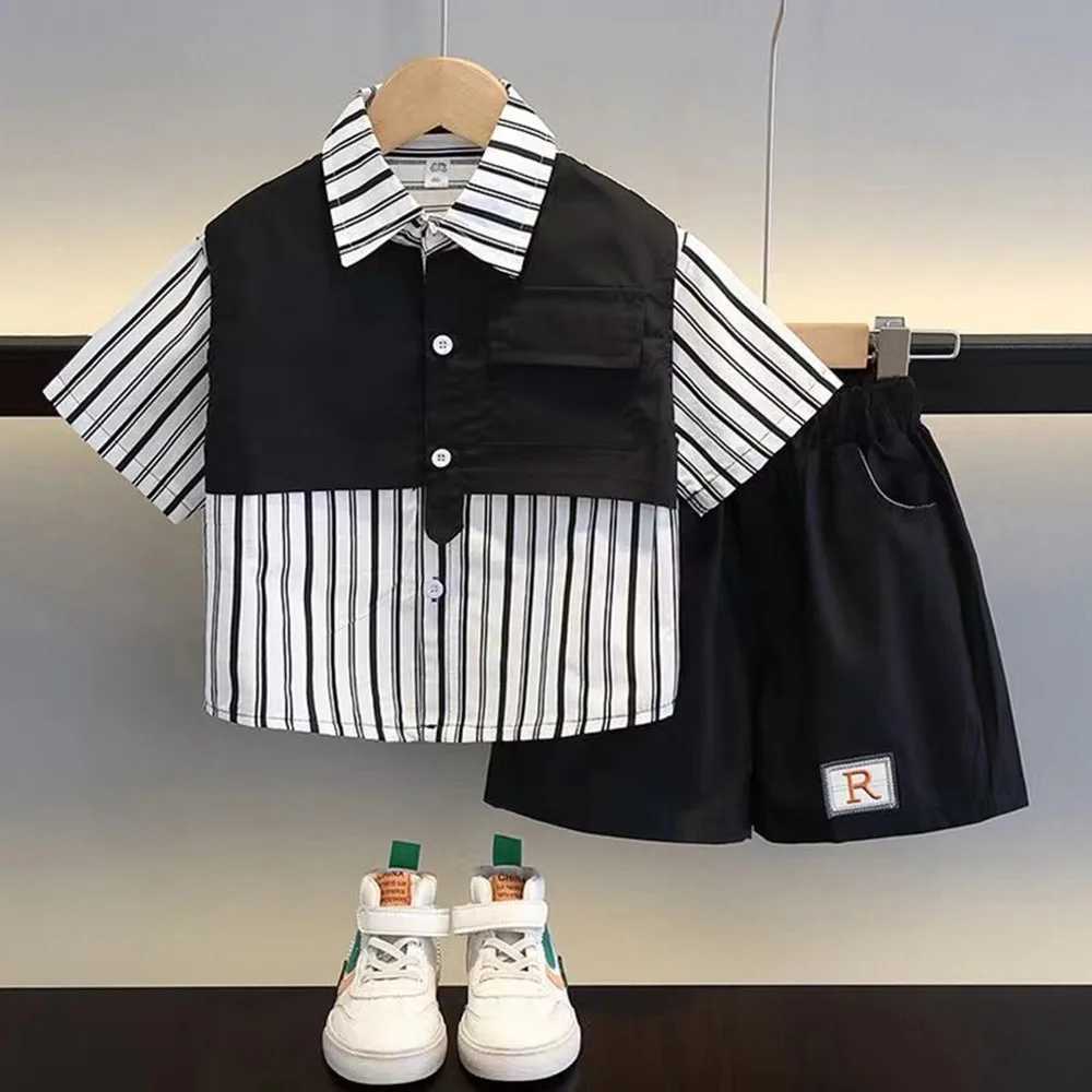 Clothing Sets Boys Summer Work Suit 2024 New Cool and Handsome Baby Clothes Fashionable Childrens Summer Short Sleeve Two Piece Set