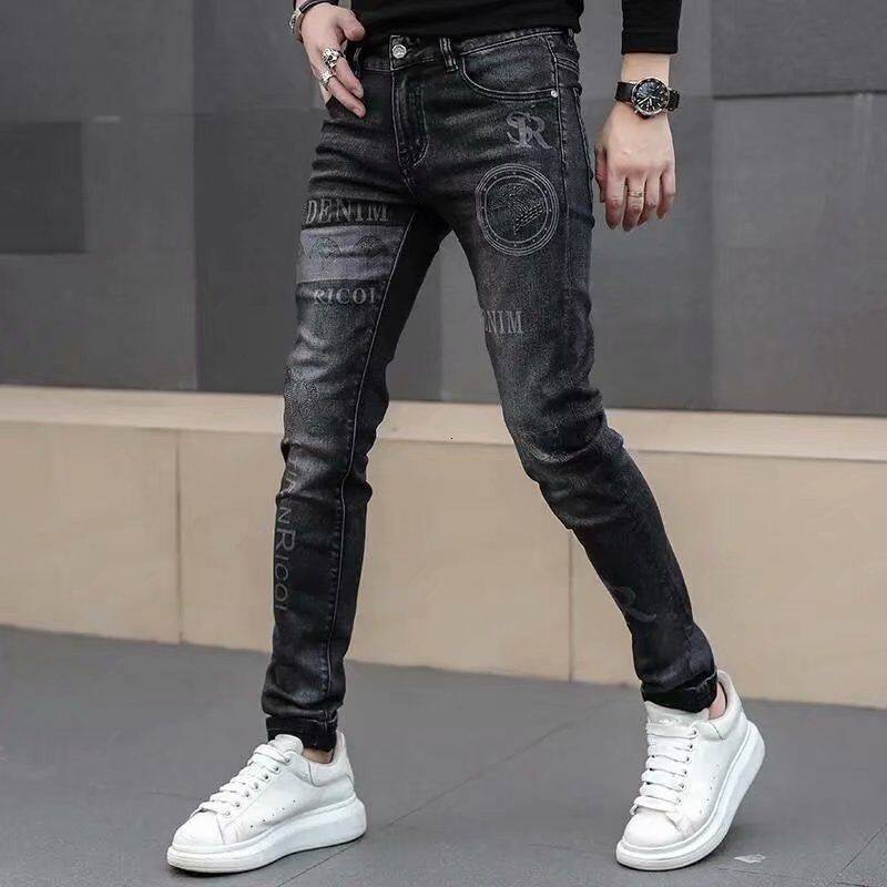 Gray jeans spring and autumn men's elastic slim feet pants Korean casual trend all-match