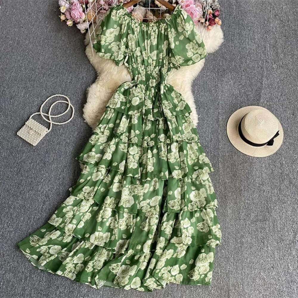 Fragmented Chiffon for Womens Summer New Bubble Short Sleeved Waist Slimming Holiday Luxury Cake Dress Fishtail Dress Waist Short BOHO DRESS High Wais
