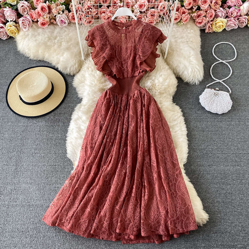 Spring Autumn Lace Round Neck Sleeves Fashionable Slimming and Elegant Ruffle Edge Long Skirt Dress Short Loose Temperament Bifurcated Silk Dress Deni