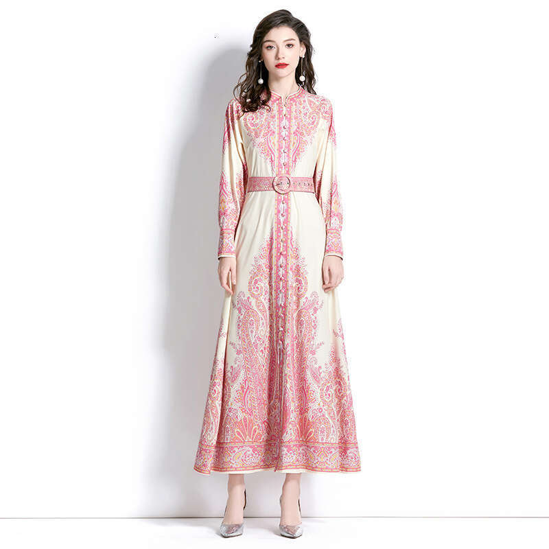 2023 Spring Womens Elegance Sleeved Palace Vacation Style Standing Neck Lantern Sleeves Long Printed Dress Self-cultivation Temperament Sexy High Wais