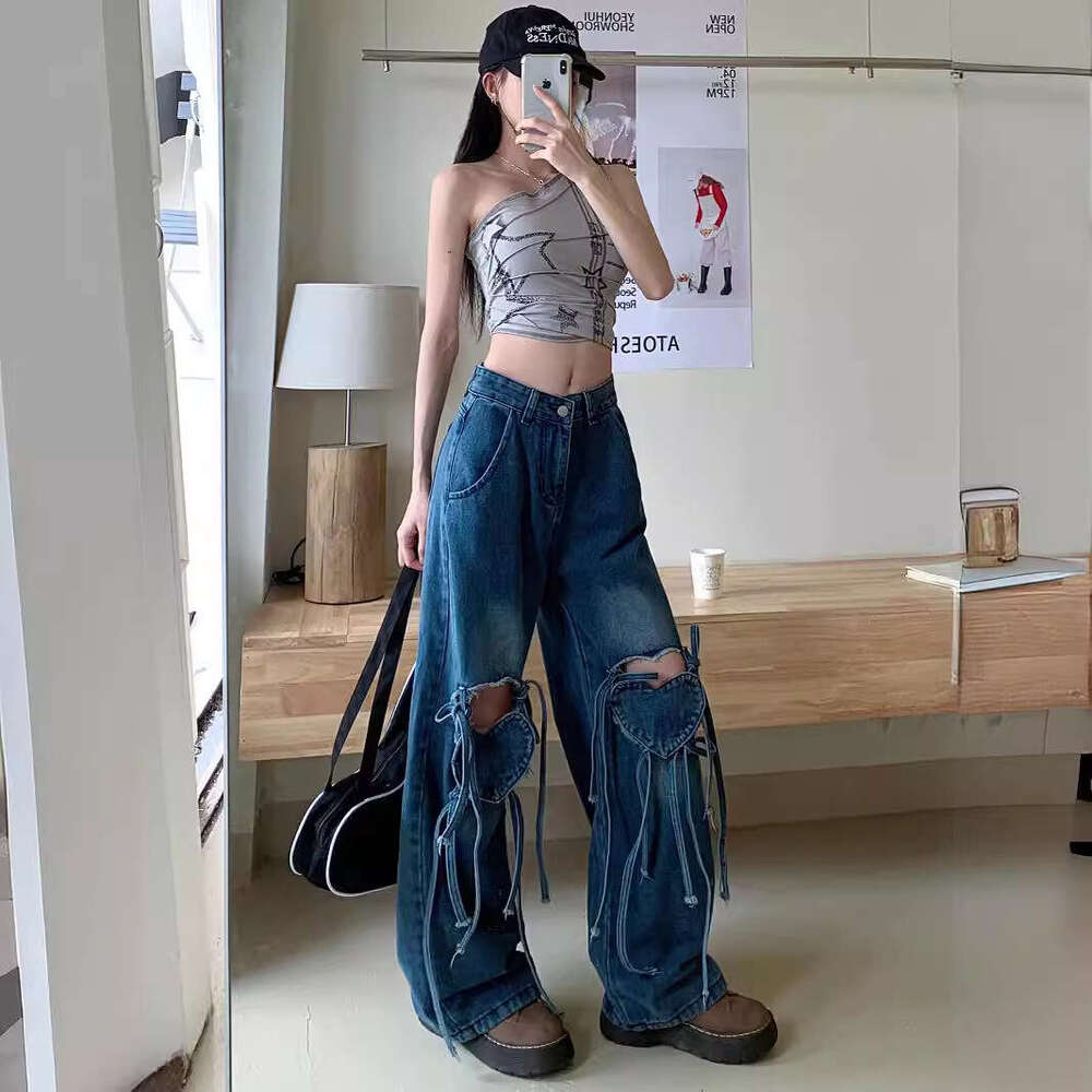Broken Hole Heart-shaped Strap Jeans for Women in Early Spring, High Waist Design, Loose Straight Wide Leg Pants Gold Velvet Pants Waterproof Trousers