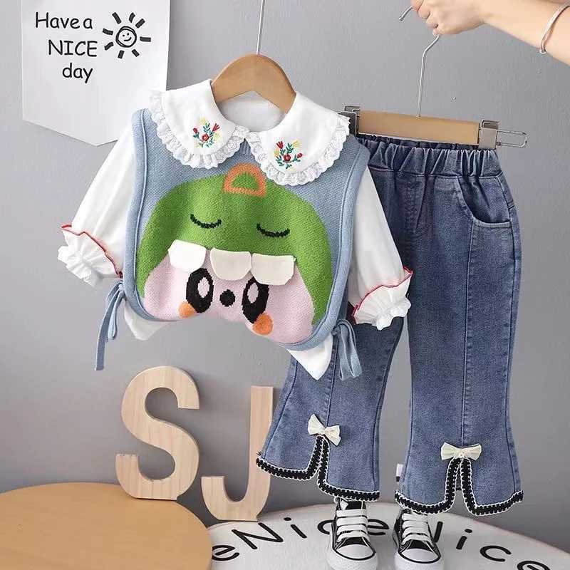 Clothing Sets Girls Spring and Autumn Season Set 2024 New Fashionable Girl Baby Korean Sweater Vest Three Piece Set Kids Outfits