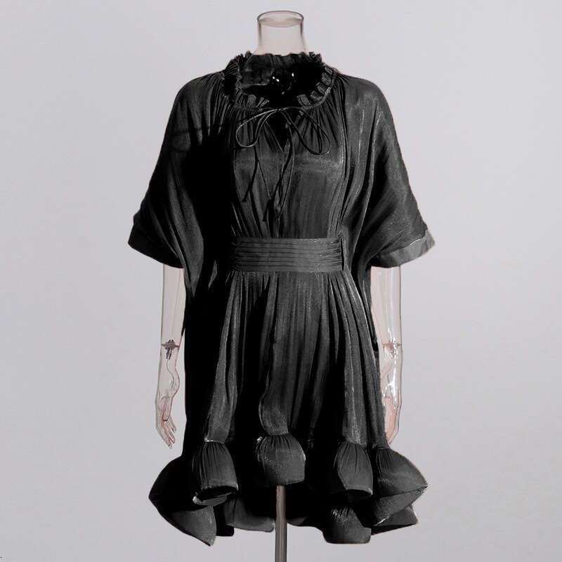 French Celebrity Party 2023 Summer Round Neck Wooden Ear Strap Design with Waist Closure Cape Dress Chiffon Floral Dress Temperament Sexy Novelty Silk
