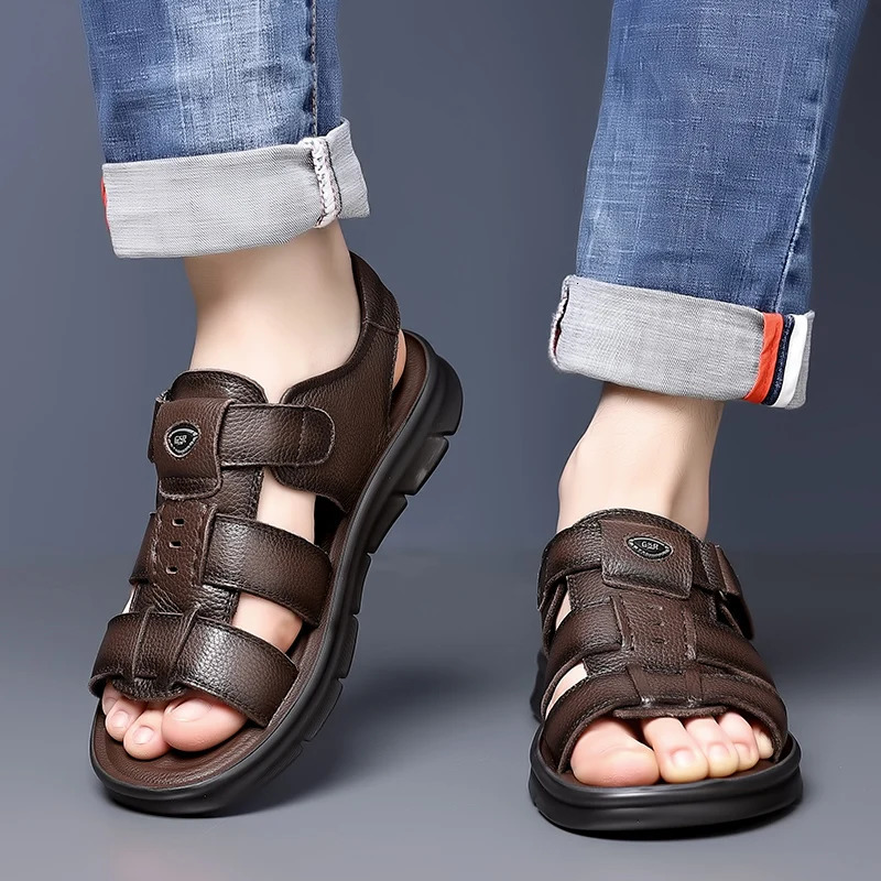 Mens Fashion Top Leather Roman Beach Sandals Summer Breathable Soft Sole Non slip Outdoor Quick Drying Sandals 240715