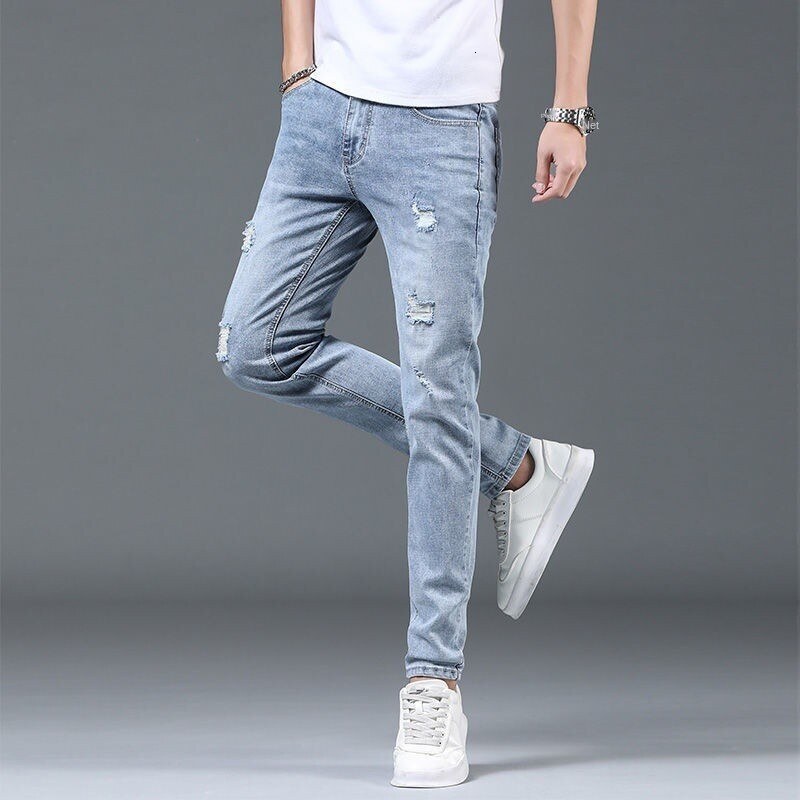 Designer Business Men's Denim Pants Summer Thin, Light Color Piercing Men's Jeans Slim Fit Korean Fashion Stretch Pants