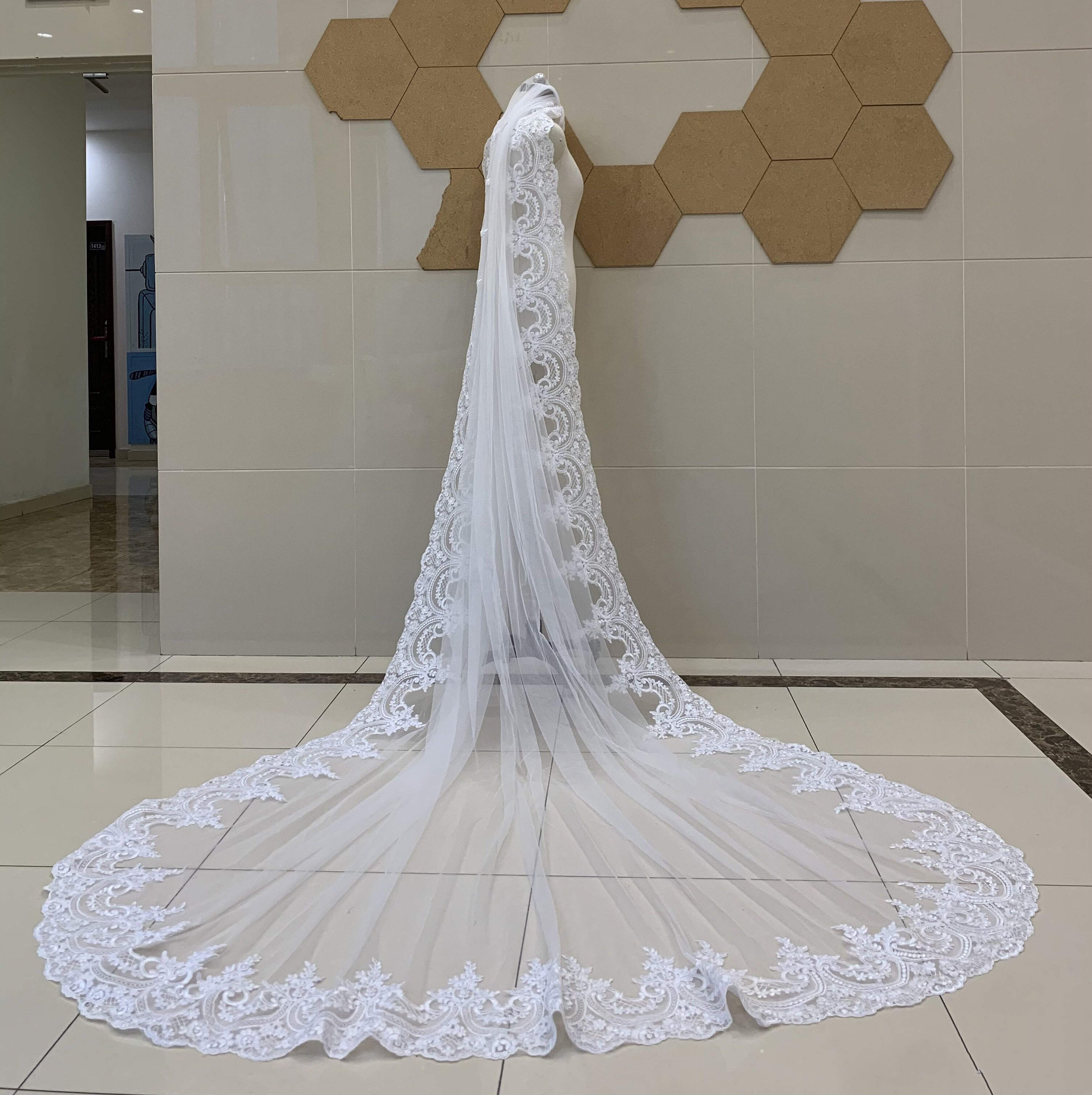 Modern Wedding Veil Appliques Lace Long Royal Bridal Veil Cathedral Special Cut with Comb Veil 3M White Ivory Wedding Accessories