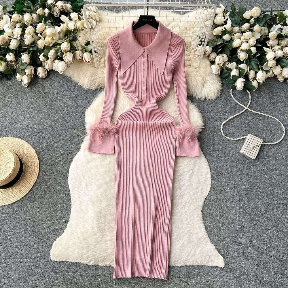 Light Luxury Socialite Style Knitted Dress, Womens Autumn and Winter Lapel, Feather Tight Fitting, High-end Feeling, Niche Temperament Dress Dres BOHO