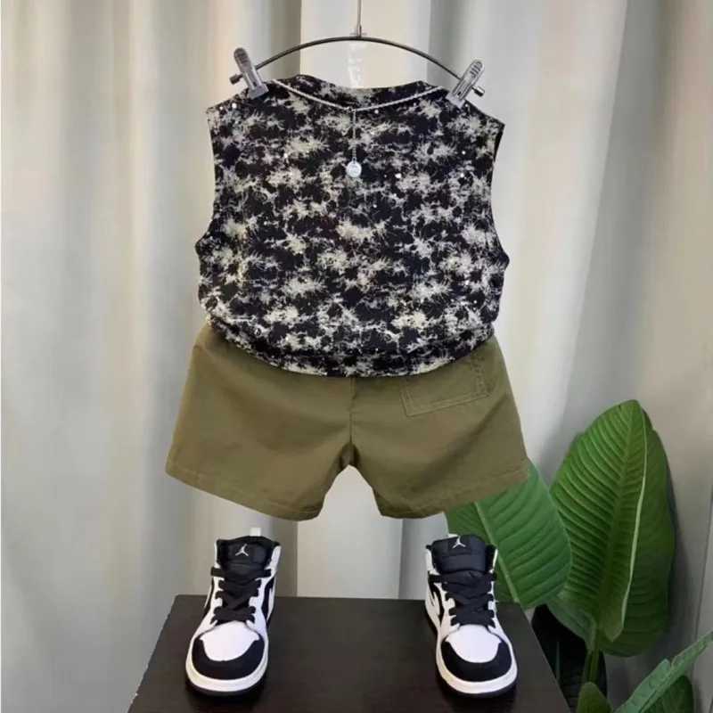 Clothing Sets Boys Summer Vest Set New Western Style Boys Internet Red Fashionable Sleeveless Clothes Childrens Clothing Two Piece Set E5QN