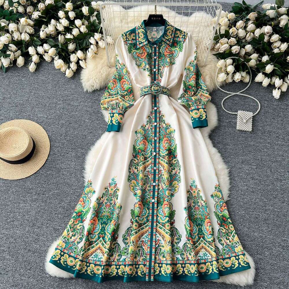 High End Formal Dress, Elegant and Fashionable Palace Style, Printed Waist Cinching Single Breasted Large Swing French Dress Loose BOHO DRESS Round Ne