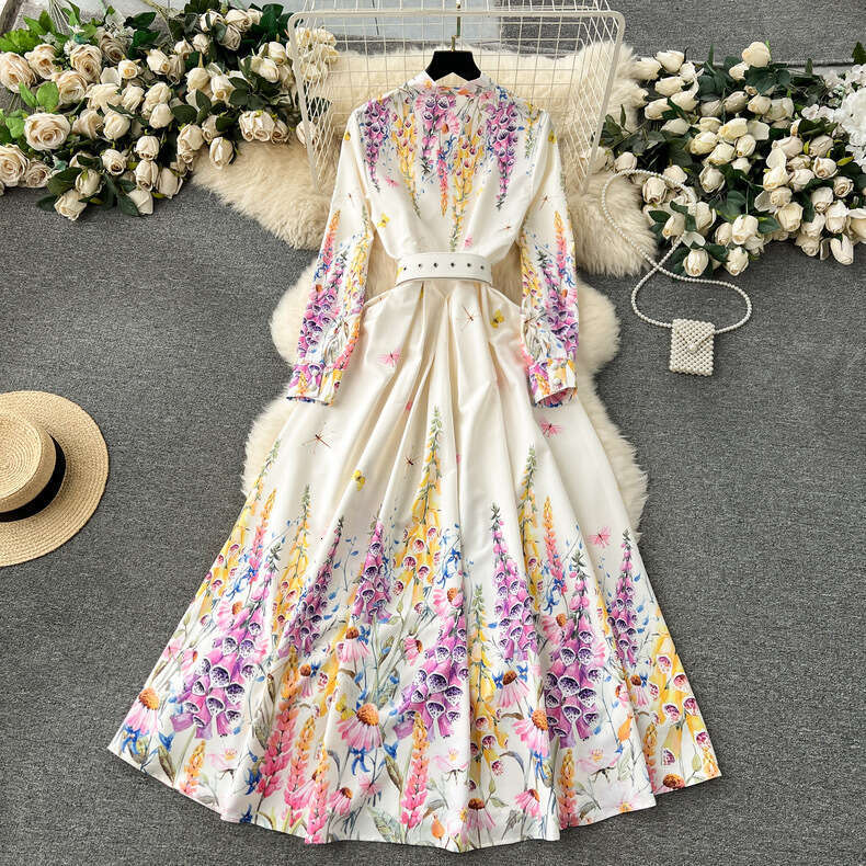 French Palace Style High End Celebrity Bow Neck Button Slim Fit Long Print Dress Long Summer Dress Short Novelty Temperament Loose Self-cultivation Si