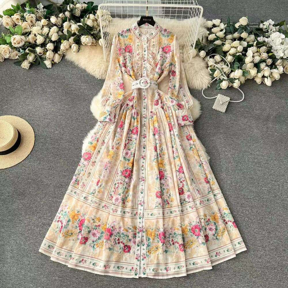 French Elegant Printed Dress, Western Style, Age Reducing Fashion, High Grade Feeling, Flare Sleeves, Waist Closing, Single Row Button Skirt High Wais