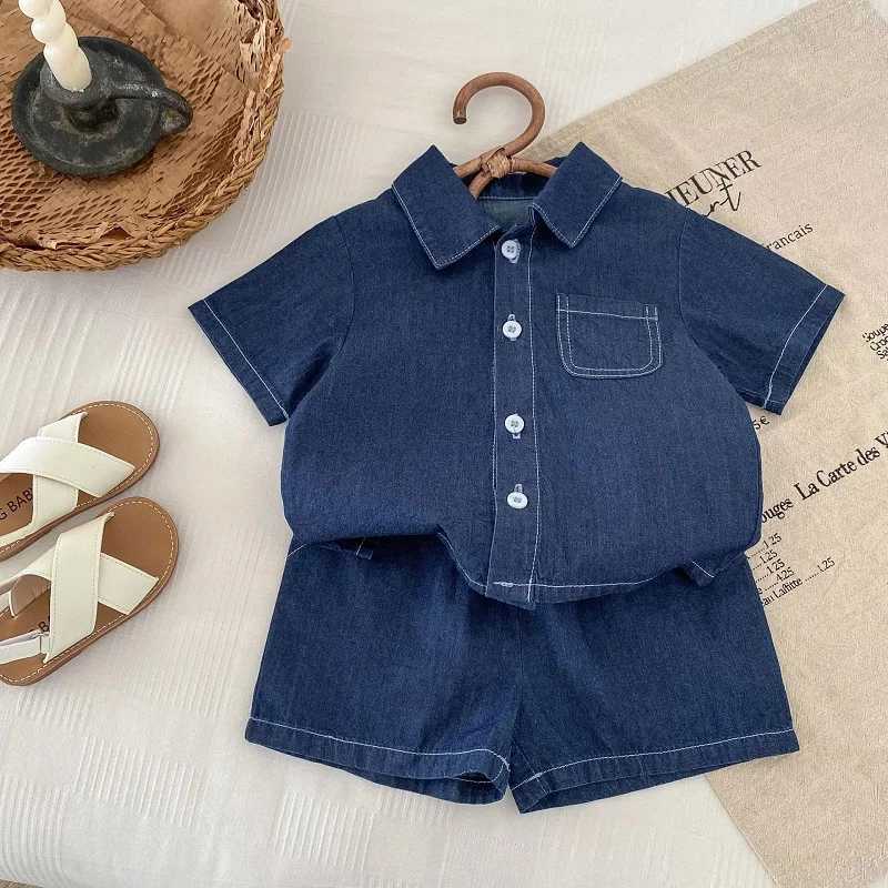 Clothing Sets Summer childrens denim short sleeved set 0-6-year-old baby solid color denim shirt and shorts two-piece casual sportswear set
