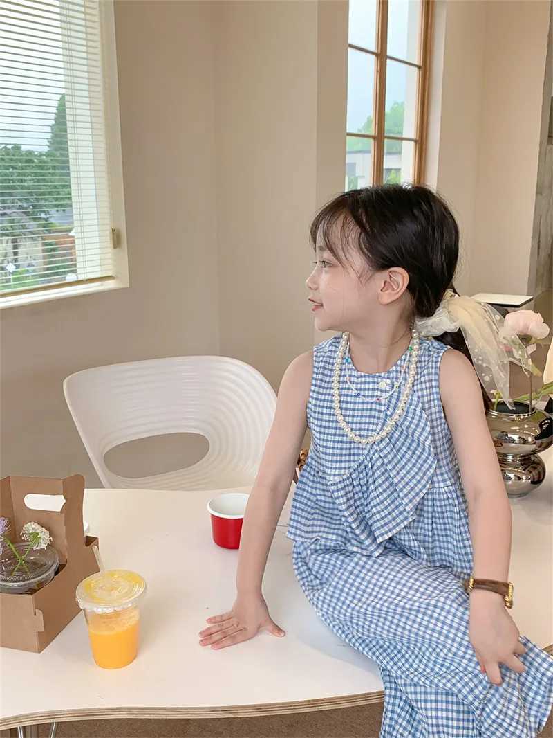 Clothing Sets Children S Sets 2023 Summer Tops Sleeveless A-line Pullover Wide Leg Pants Elastic Waist Cotton Plaid Sweet Fashion Casual Girl