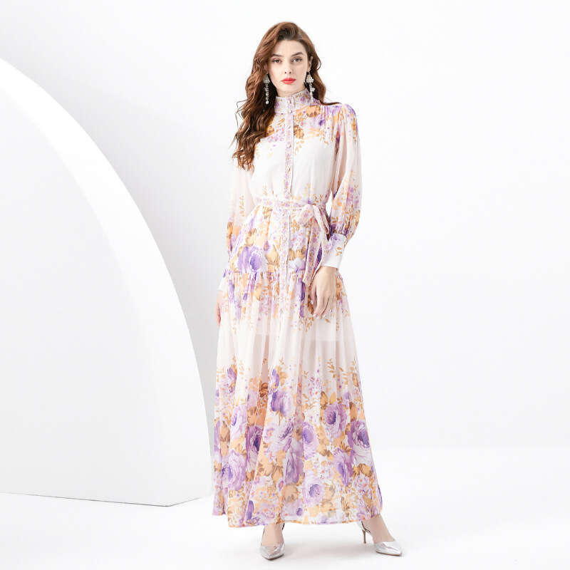 Spring/summer 2024- Palace Style Standing Neck Lantern Sleeves Wave Edge Long Printed Dress Loose Waist Self-cultivation Sexy Bifurcated Oversize Dres