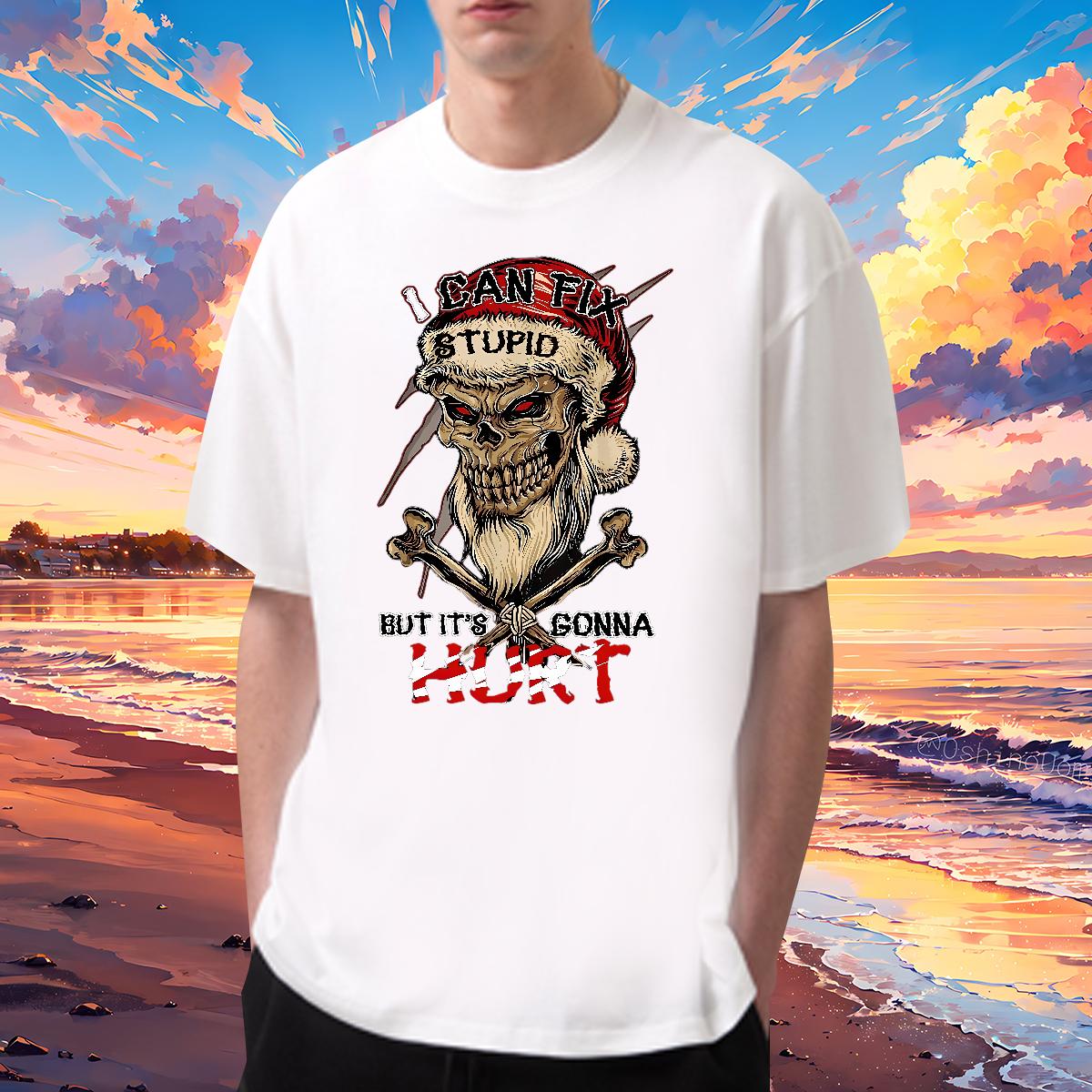 Fashion Casual T Shirts Men Skeleton 230g 100% Cotton DIY Printed Daily Outfit Men Tops Tees Breathable Crew Neck Cotton Brand